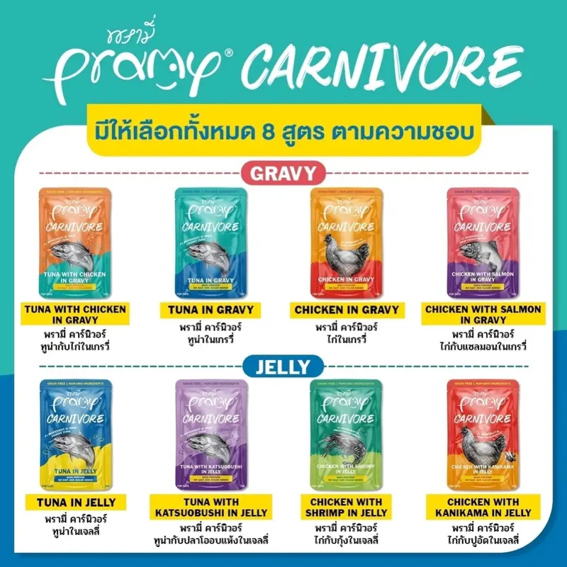 12 ซอง Pramy Carnivore อาหารแมวเปียก โปรตีนสูง 11%… 12 ซอง Pramy Carnivore อาหารแมวเปียก โปรตีนสูง 11%…