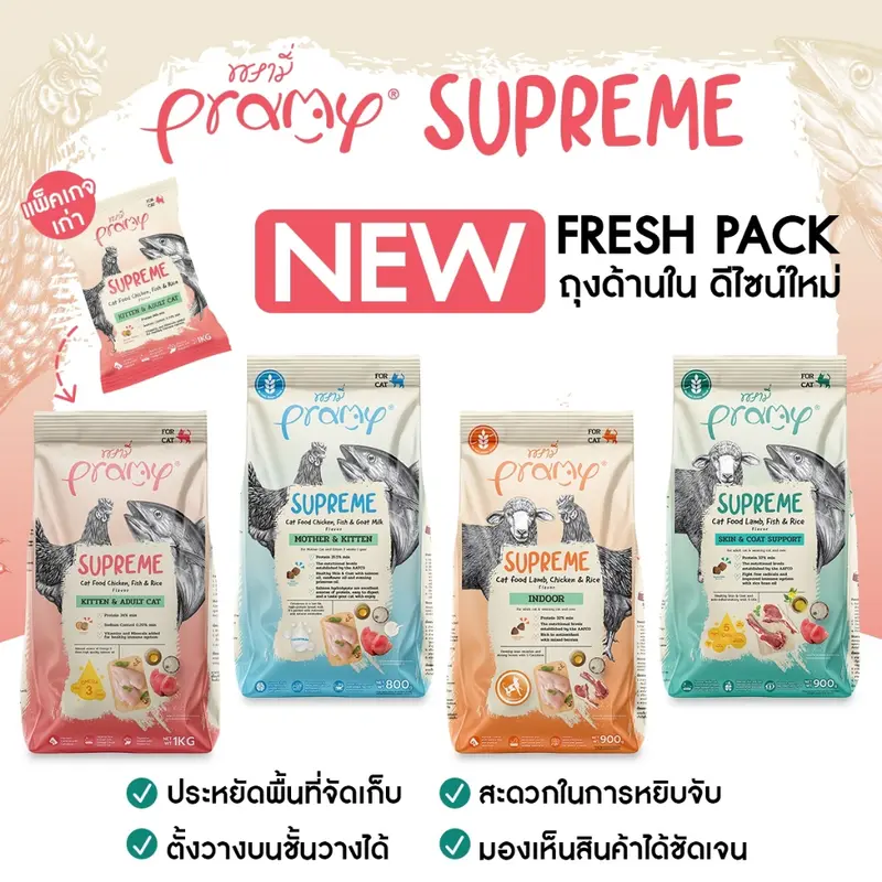 Pramy Supreme อาหารแมวชนิดเม็ด สำหรับลูกแมวและแมวโตมีห…